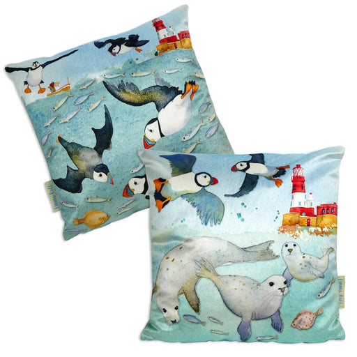 Emma Ball Diving Puffins/Selkies Velvet Cushion Cushion