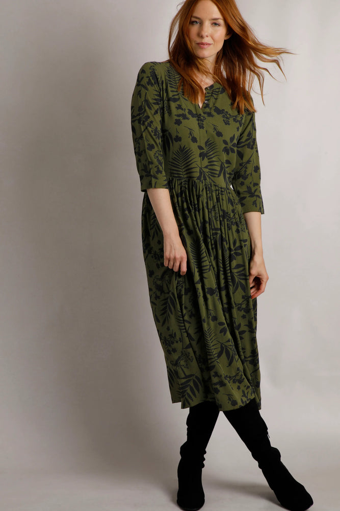 NEW Weird Fish Hellen EcoVero Viscose Midi Dress Olive Green