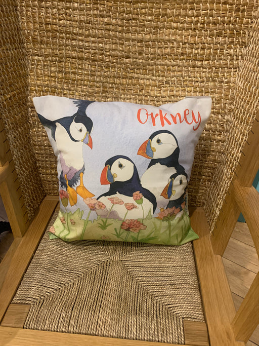 Emma Ball Bespoke Sea Thrift Puffin Cotton Cushion