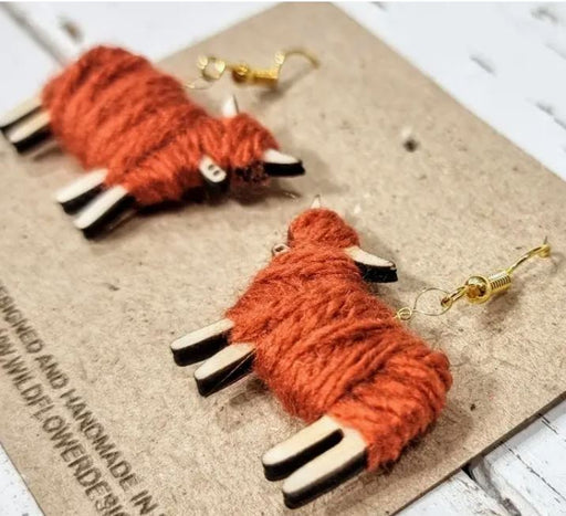 Wildflower Designs - Highland Cow Wool Handmade Drop Earrings - Orange