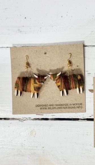 Wildflower Designs - Highland Cow Wool Handmade Drop Earrings - Mixed