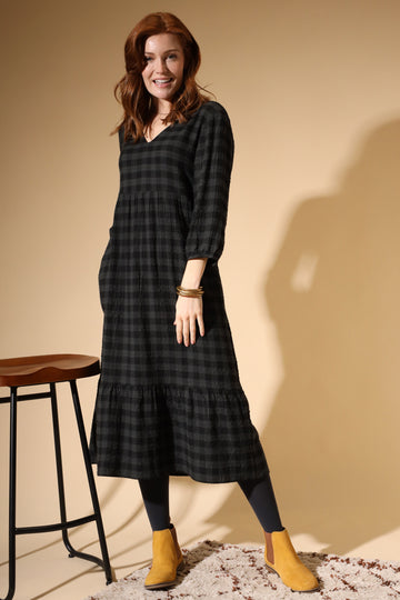 NEW Nomads Seersucker Check Midi Dress - Raven