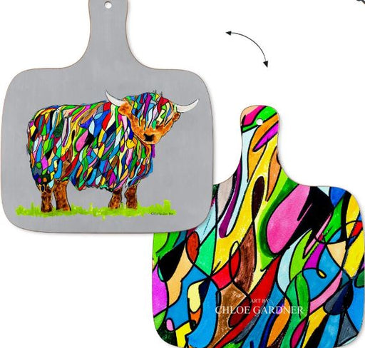 Chloe Gardner Bright Highland Cow Grey Medium Chopping Board