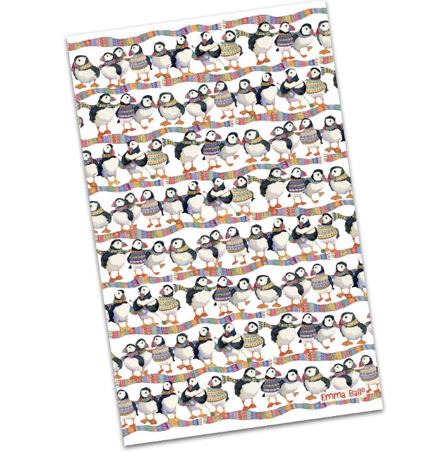 Emma Ball Puffins in Scarves tea towel
