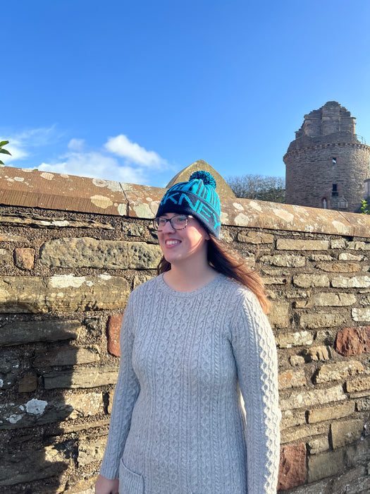 Wonky Woolies Orkney Runic Hat in Navy/Turquoise