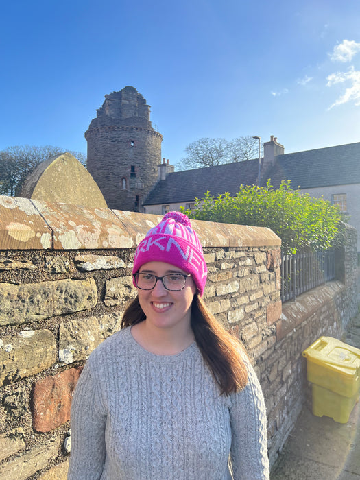 Wonky Woolies Orkney Runic Hat in Fushia/Lilac